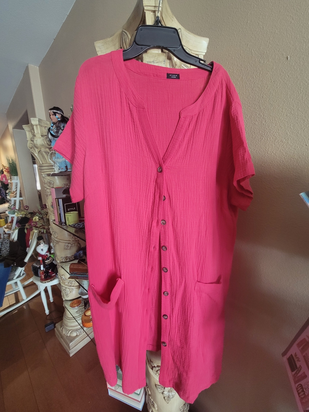 Casual Button-Front Women's Dress- Pink